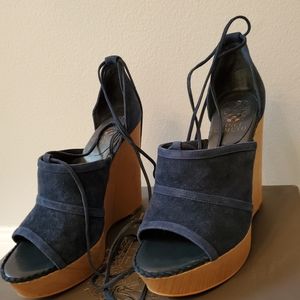 Vince Camuto Suede Wedges with tie ups.  Size 7.5 Color Blue. New.